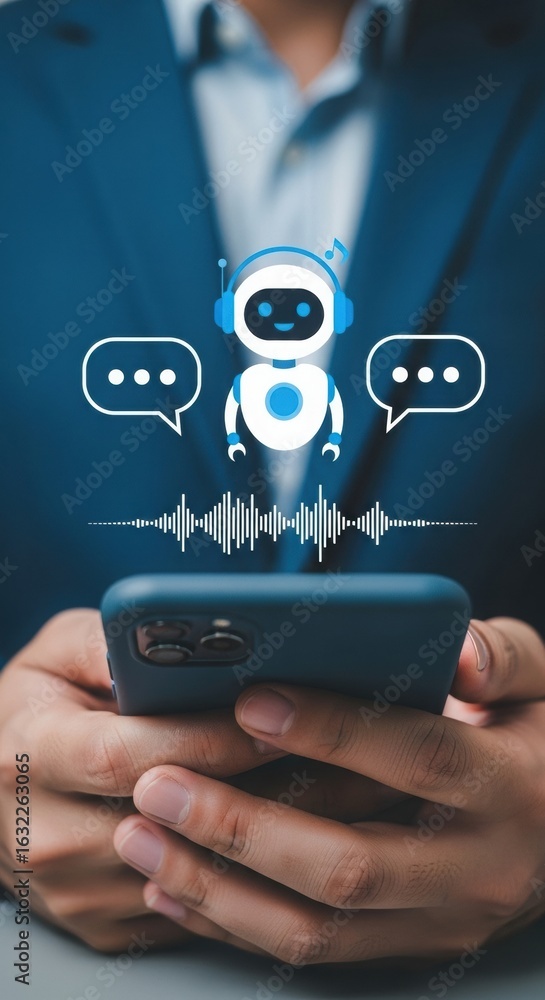 Poster digital illustration of a person interacting with a chatbot on a smartphone. ai assistant with speec