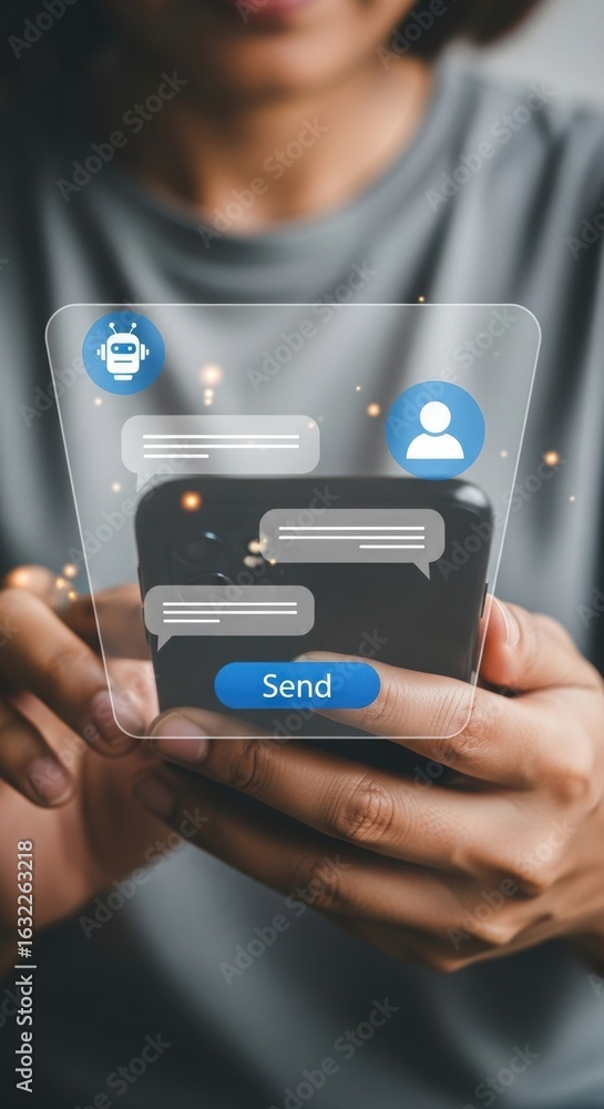 Poster close-up of hands using a smartphone with chatbot interface. digital conversation between user and a