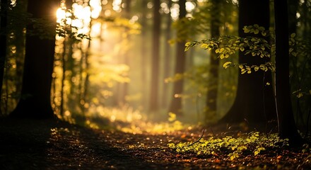 Obraz premium Golden Sunbeams Pierce Through Enchanting Forest Canopy