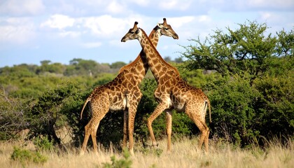 Fototapeta premium Giraffes intertwined necks in african savanna create intimate encounter during daytime