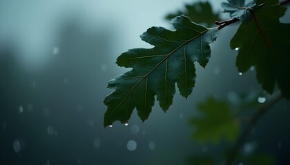 Green leaves with raindrops on a dark background. Blurred background