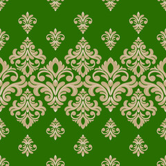 Damask seamless beige floral pattern and green background, vintage, luxury, vector illustration elegant for textile, wall paper, rug, bedding, curtains, cushion cover, upholstery fabric, decoration