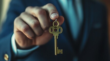 Golden Key Held by Businessman in Suit CloseUp, Symbolizing Opportunity and Success