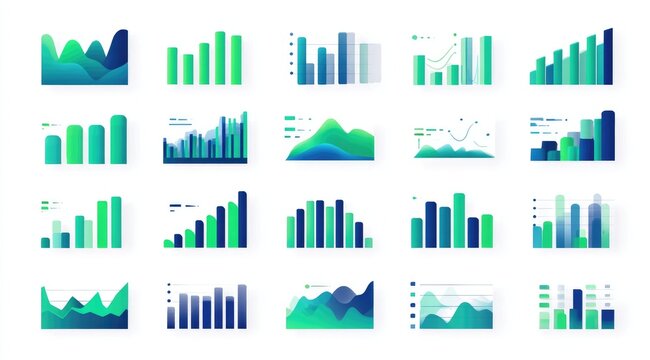 Collection of various data visualizations, including bar charts, line graphs, and area charts.  Colorful, modern, and abstract representations of statistical data.  