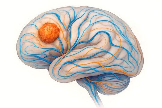 Medical illustration of a brain tumor, showing a cancerous growth on the cerebral cortex with arteries and veins