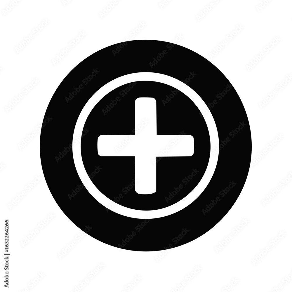 Poster plus sign icon enclosed within black circle illustration of mathematical addition symbol and round s