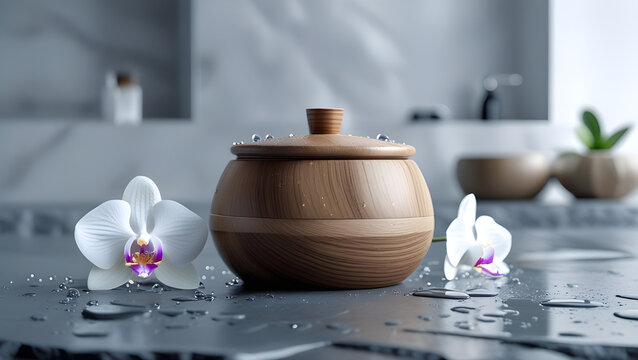 Closeup of a Sleek Wooden Box with Water Droplets and White Orchids in a Serene Bathroom Setting