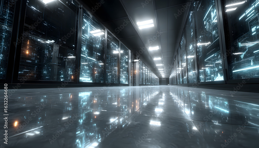 Poster futuristic data center with glowing network connections and global analytics