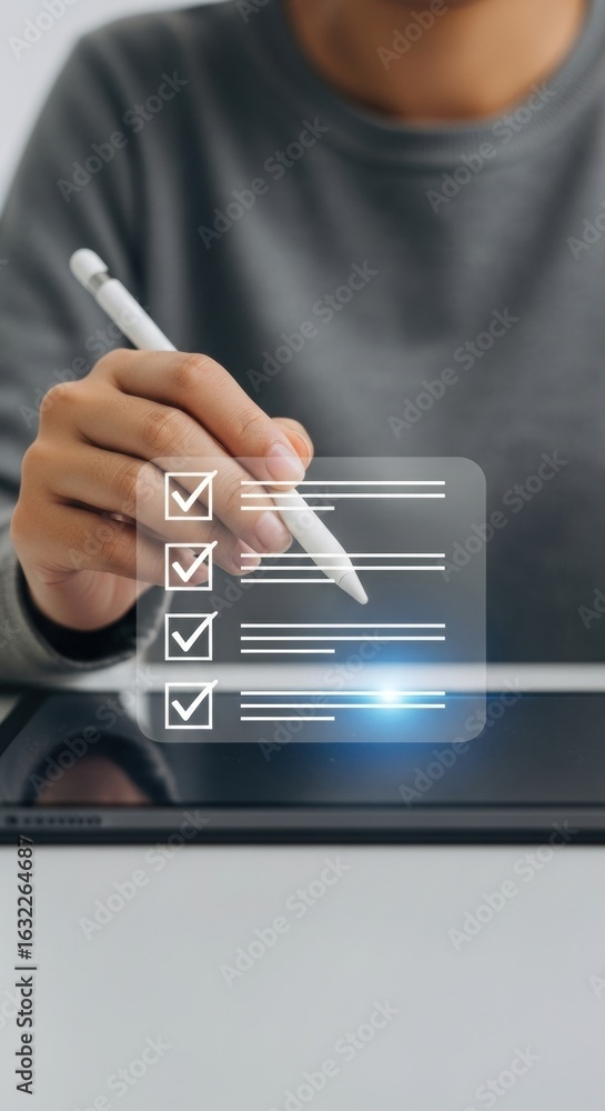 Poster digital task management with tablet and stylus. hands using checklist overlay for organization. mode