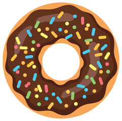 Chocolate donut with colorful sprinkles in a flat vector illustration - Perfect for bakery branding, dessert designs, sweet treat concepts, and food-related marketing materials