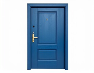 "Front view of a blue door with golden handle, peephole, and three rectangular panels in a matching frame."