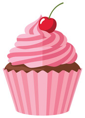 Pink cupcake with chocolate base and cherry on top in a flat vector design - Perfect for dessert menus, bakery branding, sweet treat concepts, and celebration illustrations