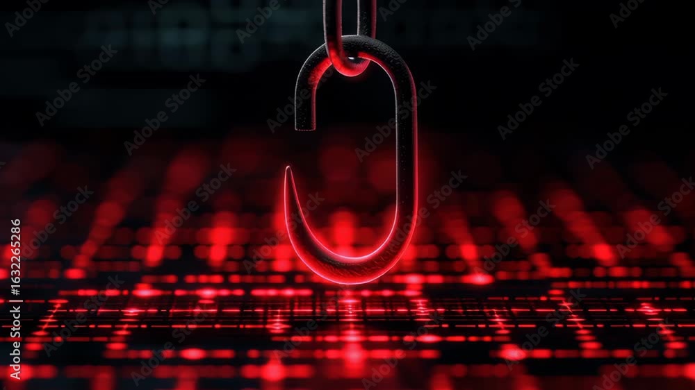 Poster phishing awareness concept visualized by striking hook and glowing red digital patterns, reinforcing