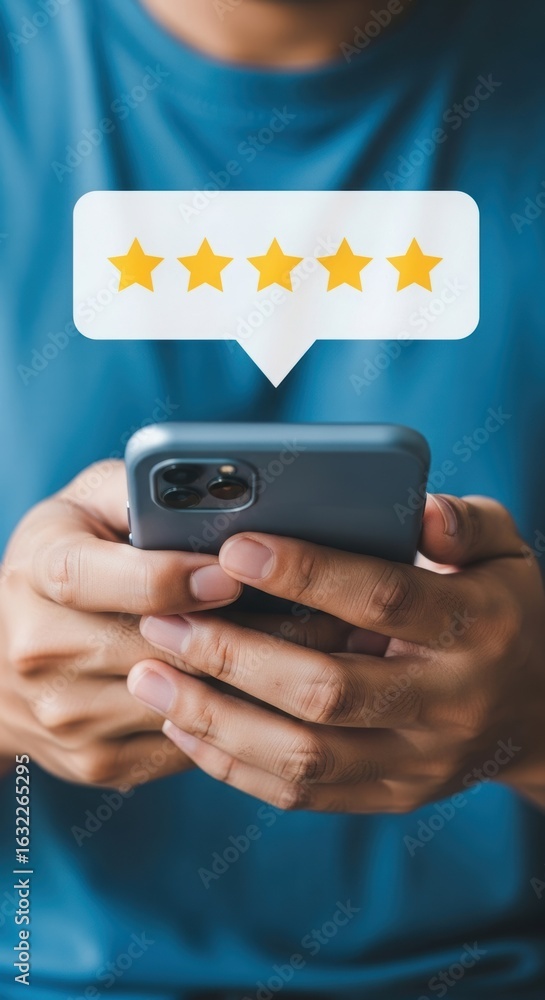Poster close-up of hands holding smartphone with five-star rating bubble. user feedback and technology inte