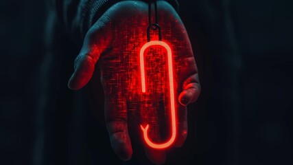 Phishing awareness depicted by glowing red hook held in hand within dark setting, emphasizing online threat recognition and vigilance.