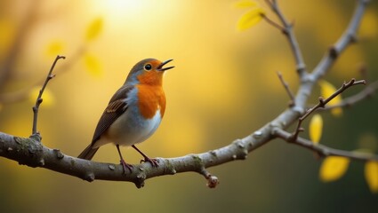 A robin perched on a branch, singing in autumn sunlight.
