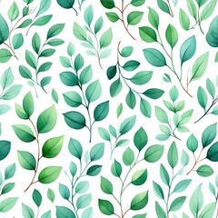 Seamless watercolor pattern of green leaves and branches on white background

