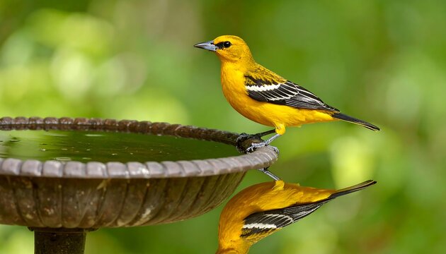 Golden oriole perched on a birdbath, reflecting in the still water surface