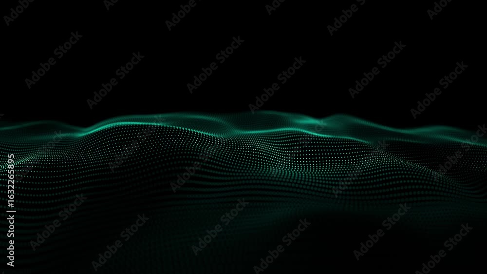 Poster futuristic wave of moving dots in dark space. digital big data technologies. 3d rendering.