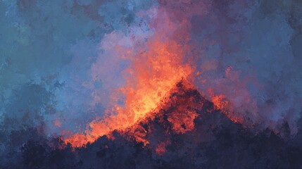 Abstract fiery volcano erupting in a stormy sky