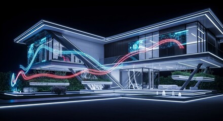 Futuristic Modern House with Glowing Digital Architectural Design at Night.