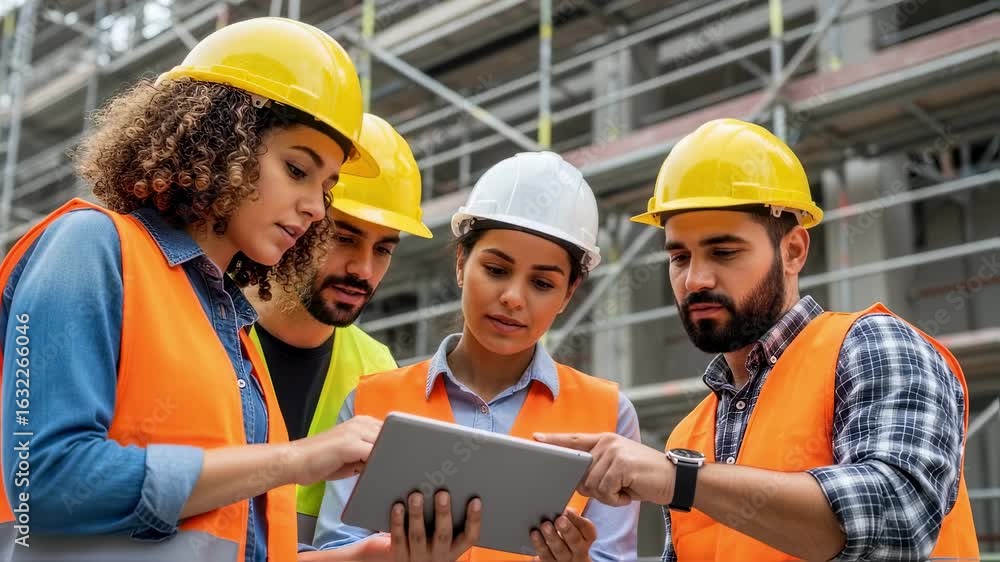 Poster safetyequipped engineers collaborating over a tablet with construction scaffolding in the background