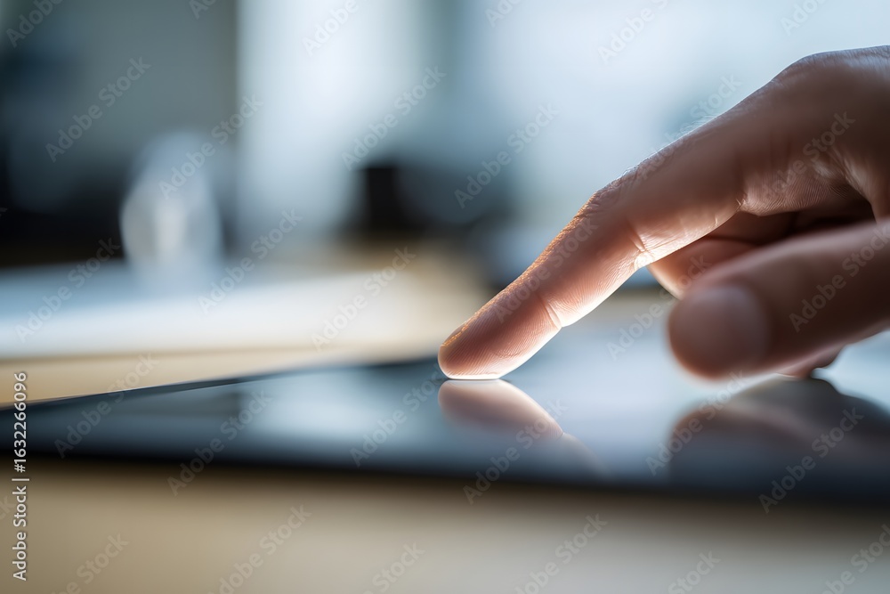 Fototapete close up of a finger touching a tablet screen displaying a reflection on the shiny surface of the de