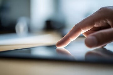 Close up of a finger touching a tablet screen displaying a reflection on the shiny surface of the device