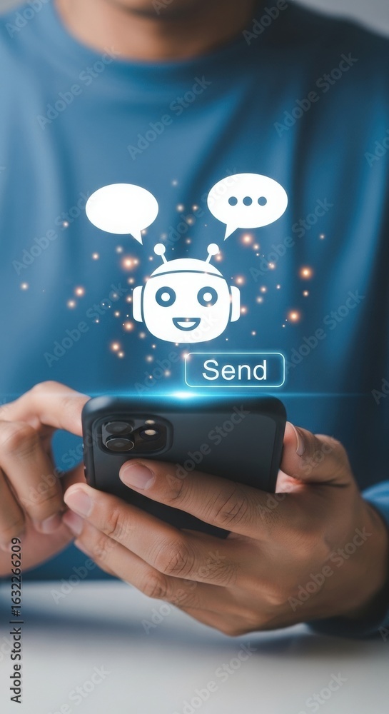 Poster person interacting with chatbot on smartphone. smiling robot icon with speech bubbles and send butto