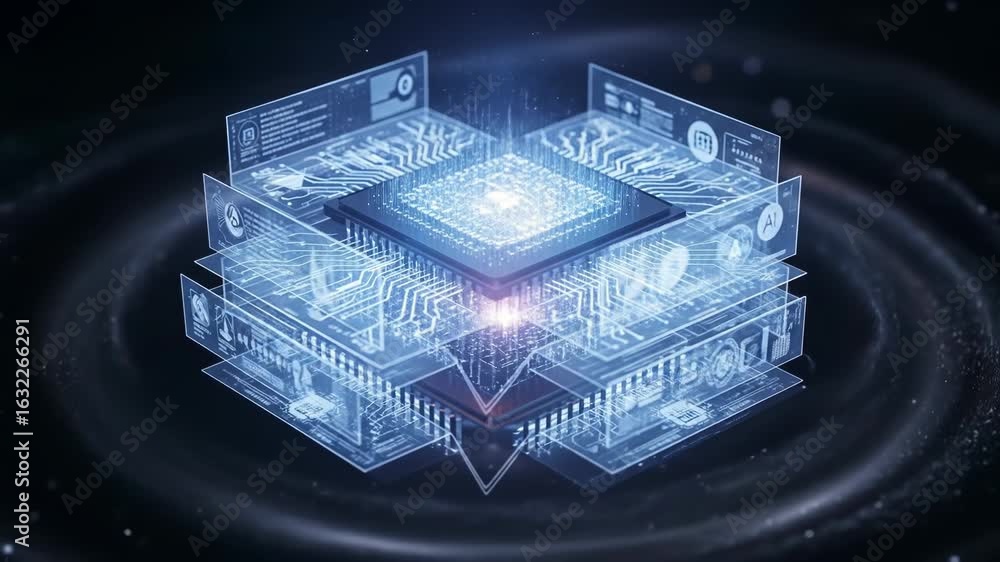 Poster futuristic digital processing unit core with interactive data screens in blue and white hues on dark