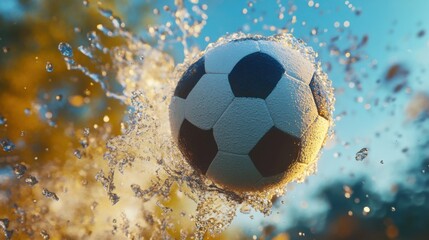 Fototapeta premium Dynamic soccer ball action shot with splash of water amid colorful backdrop