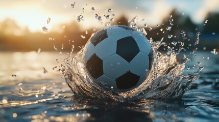 Fototapeta premium Soccer ball impact in calm water creating dynamic splash and circular ripples