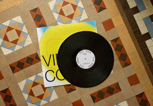 Mockup Of Customizable Vinyl Lp And Album Cover On Tiled Floor