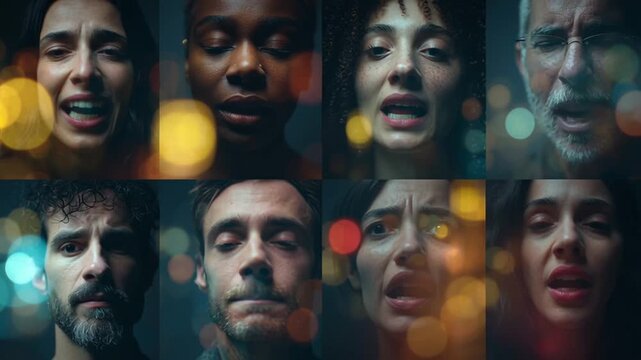 A split screen grid 12 diverse human faces world, different emotion joy, fear, wonder, anger, grief, serenity, surprise, confusion, love, exhaustion, hope awe. skin texture, cinematic Futuristic 4K