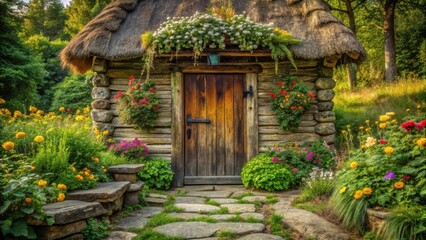 Rustic Wooden Cottage Adorned with Vibrant Flower Baskets and a Stone Path Leading to its Entrance