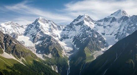 Fototapeta premium Majestic Snow-Capped Mountain Peaks with Glaciers and Waterfalls