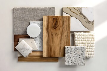 Elegant interior design mood board showcasing natural textures of wood, marble, granite, and fabric for stylish home decor