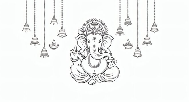 A serene and minimalist Ganesha Drawing, beautifully outlined with hanging temple bells and diyas for spiritual celebrations.