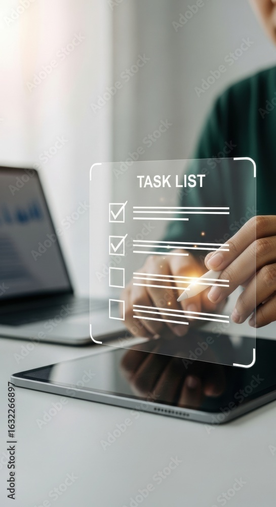 Poster modern digital workspace with person using stylus and checklist. productivity and technology interac