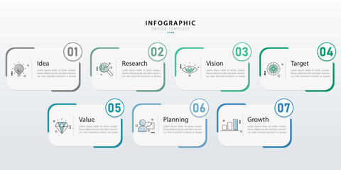 Business infographic template. 7 Step timeline journey. Process diagram, 7 options on white background, Infograph elements, technology, education, modern vector illustration.