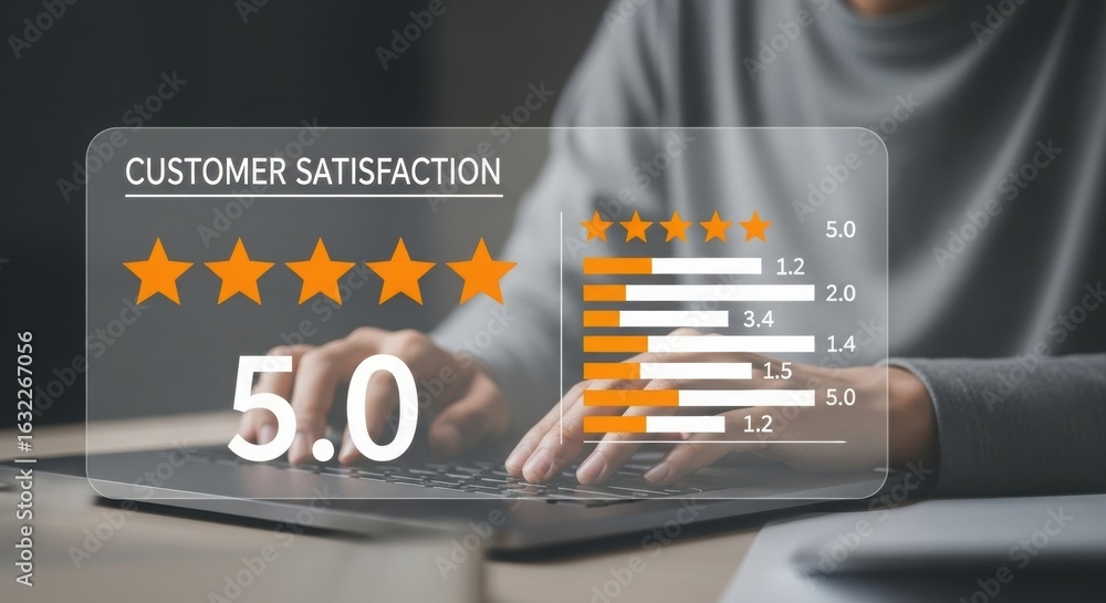 Poster laptop user with customer satisfaction metrics overlay. professional analyzing five-star feedback ra
