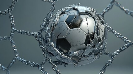 Abstract metallic football with chain net frozen in dramatic monochrome scene