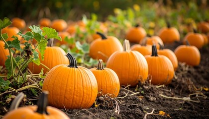 Fototapeta premium Vibrant Orange Pumpkins in a Field, Autumn Harvest Season, Close-Up View