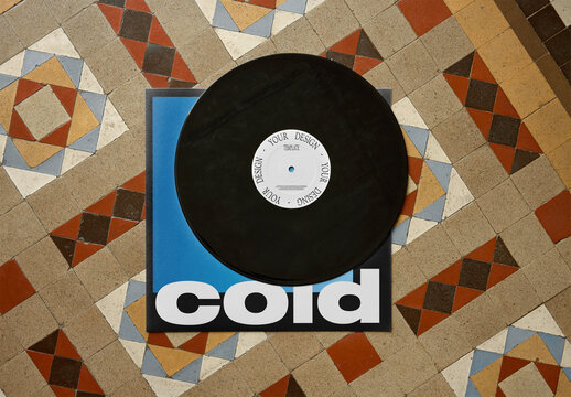 Mockup Of Customized Vinyl Record And Album Cover On Tiled Floor