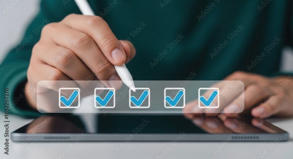 Poster person using tablet with digital checkmark overlay. modern task completion with stylus. professional