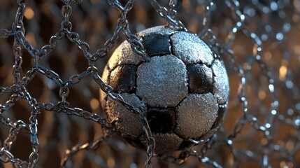 Futuristic soccer ball encased in a metallic chain net with bokeh effect