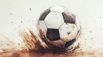 Fototapeta premium Dynamic artistic depiction of a soccer ball in motion with soil and paint splatter