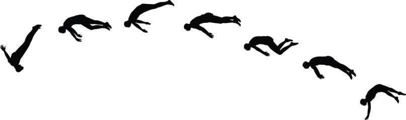 Silhouette sequence of a man diving forward, performing a front flip through the air — motion, sport, and movement concept