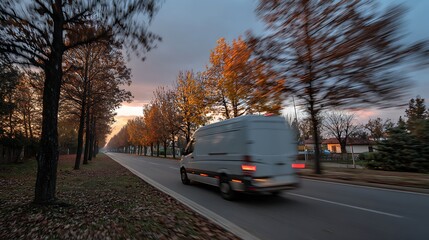 Obraz premium A delivery van in motion along a tree-lined road, captured in blurred motion during a rural autumn sunset, symbolizing the quiet bustle of the countryside.