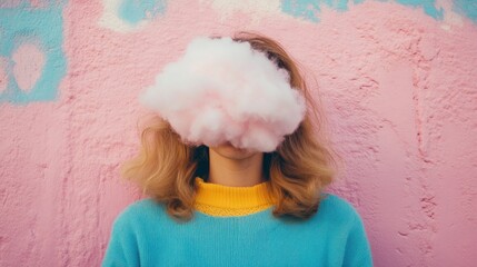 Woman with cotton candy obscuring her face against a pink wall.